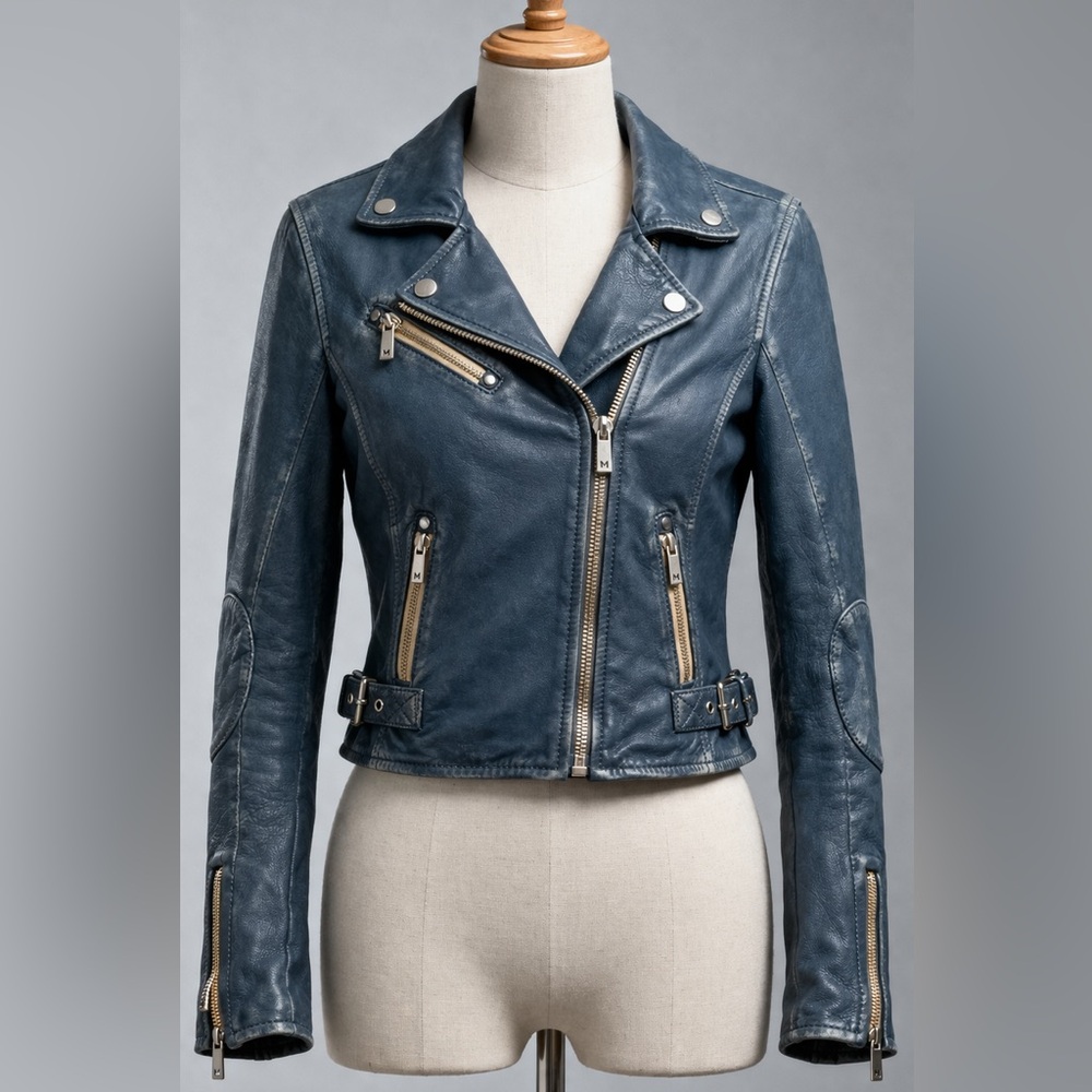 Mauritius Teal Leather Moto Jacket Cropped Biker Gold Hardware Small - Picture 2 of 11
